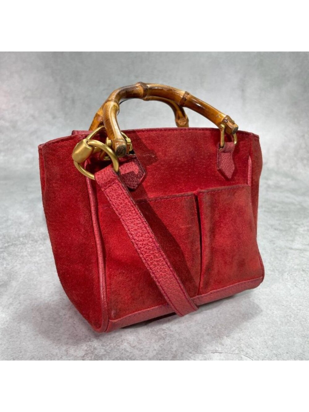 Gucci Shoulder Bag 2-Way Suede Bamboo Red Leather